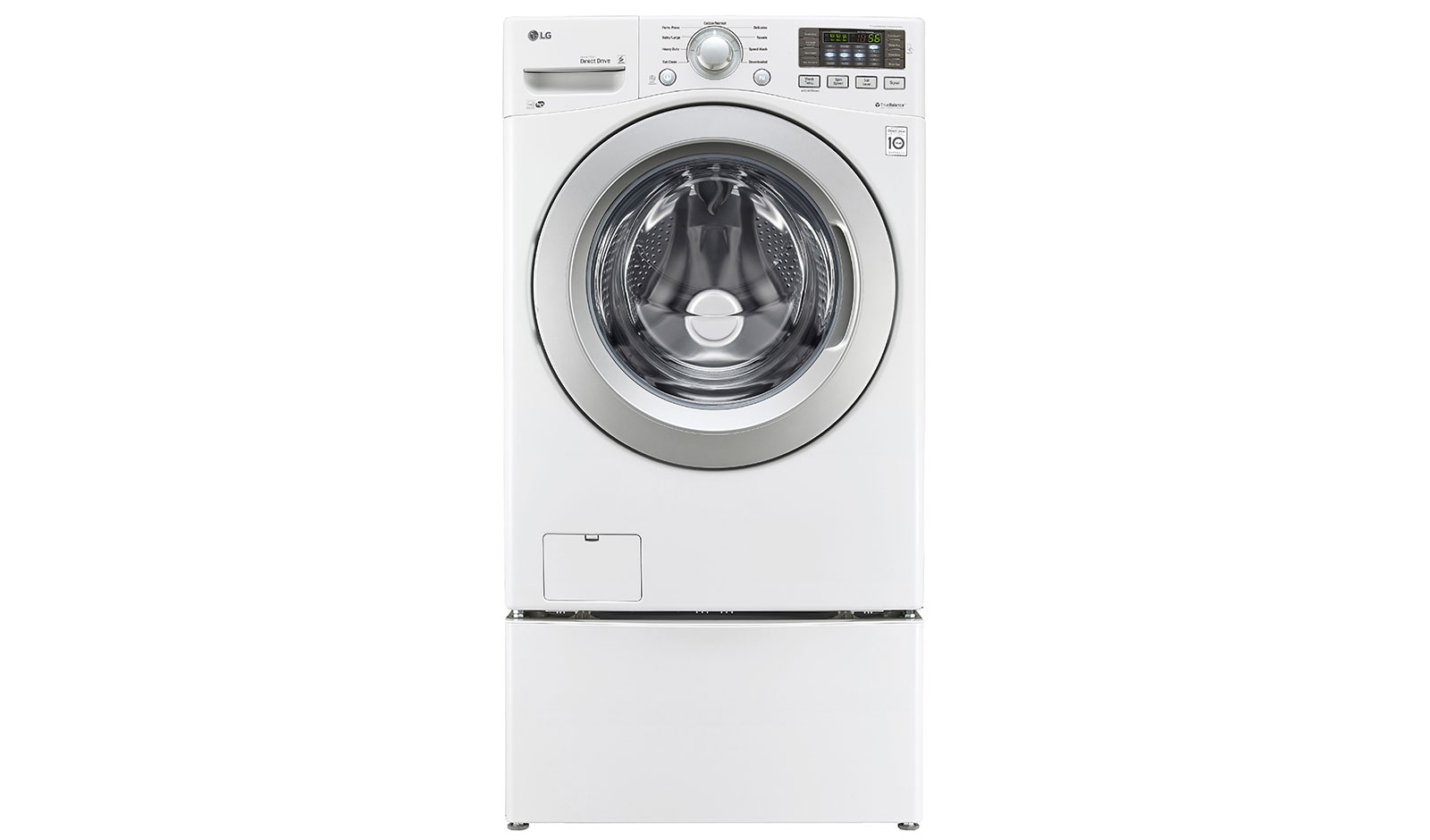 Vue avant de Ensemble TWINWash<sup>MC</sup> de LG d‘une capacité de 6,3 pi³ avec laveuse SideKick<sup>MC</sup> et sécheuse électrique de LG WM3270CW_WD100CW
