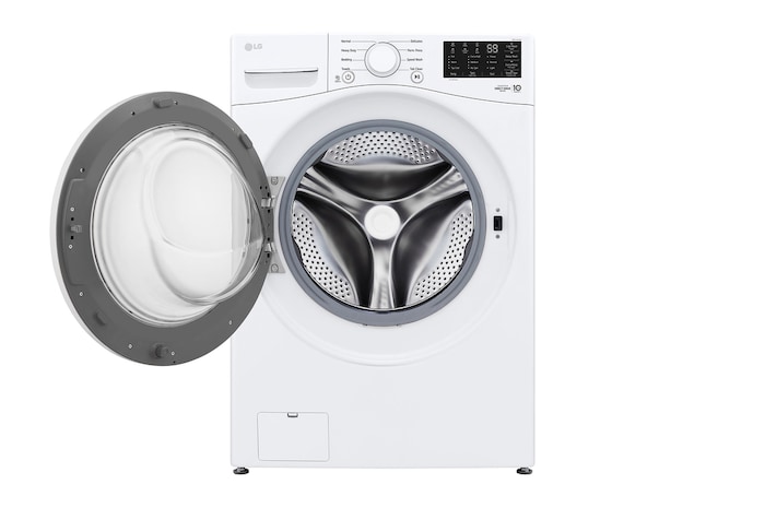Vue de face du LG Laveuse à chargement frontal de 5,8 pi³, 6Motion🅫, ColdWash🅫 avec porte ouverte, modèle WM3470CW