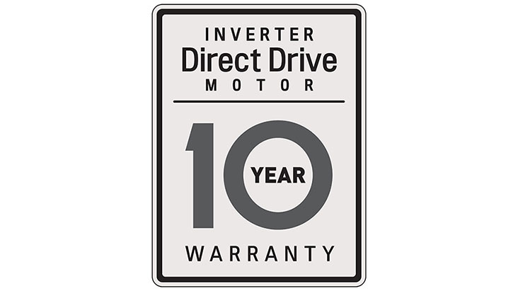Logo Inverter Direct Drive Motor avec mention d'une garantie de 10 ans sur fond blanc encadré.