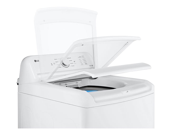 Laveuse LG blanche à chargement par le haut avec couvercle en verre transparent entrouvert.