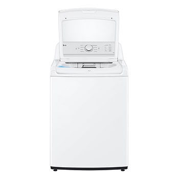 Vue de face du LG Laveuse à chargement vertical à super grande capacité de 5 pi³ avec couvercle en verre SlamProof🅫 avec porte ouverte, modèle WT6100CW