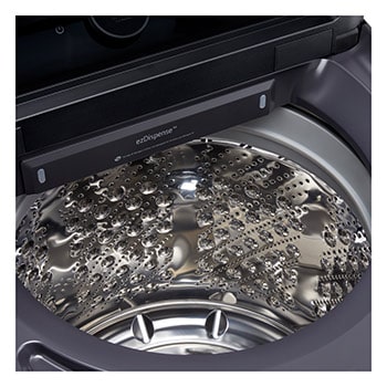 Schéma technique de dimensions et d'installation du lave-linge à chargement par le haut LG : 27 po (68,6 cm) de largeur, 43 po (109,2 cm) de hauteur, 57 po (144,8 cm) de hauteur couvercle ouvert et 32 po (81,1 cm) de profondeur d'installation requise.