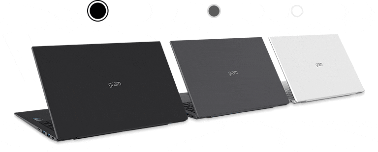 Trois ordinateurs portables LG gram sont alignés en diagonale.