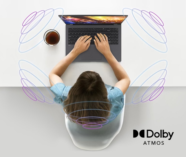 L’image montre que le son des haut-parleurs du gram entoure l’espace autour de l’ordinateur.