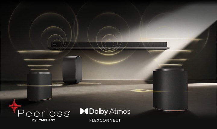 Système de son ambiophonique Sound Suite de LG sur une scène sombre, composé d’une barre de son sans fil, de haut-parleurs et d’un caisson de basses connectés par la technologie Dolby Atmos FlexConnect pour la qualité audio.