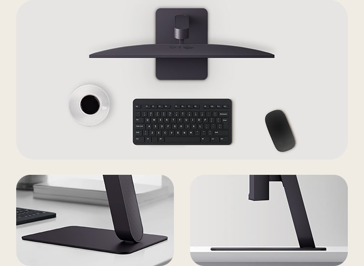 Vue de dessus d’un moniteur LG UltraGear avec un clavier, une souris et une tasse de café sur un bureau épuré.