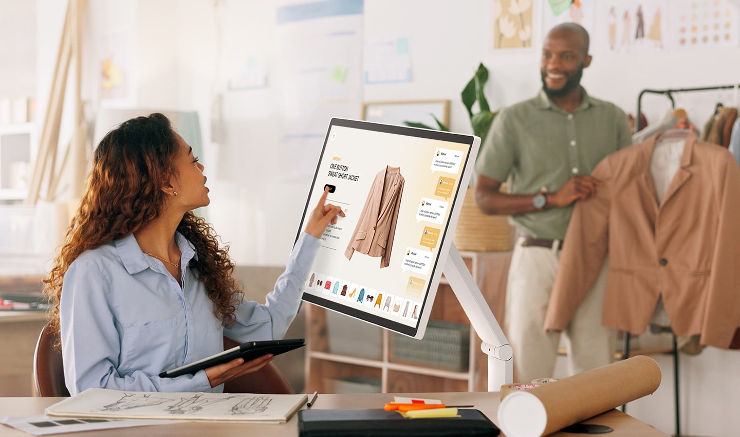 Un homme tient une veste, tandis qu’une femme touche l’écran du LG Smart Monitor Swing pour voir les informations sur la veste.