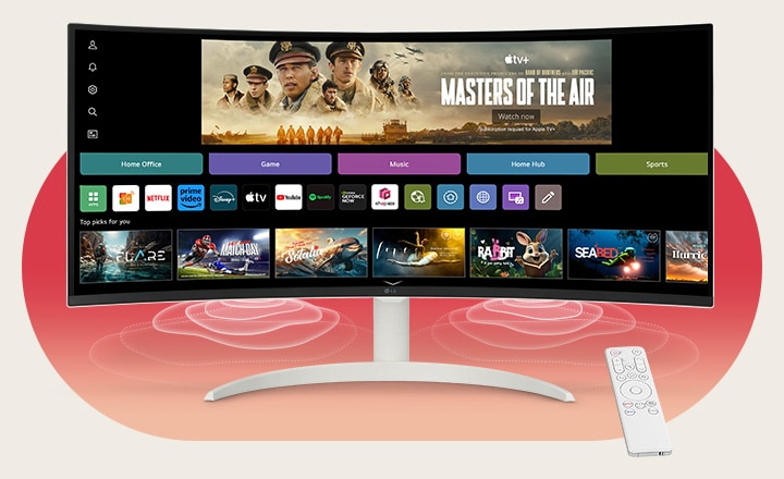 L’interface webOS est affichée sur l’écran du moniteur intelligent. Des ondes de haut-parleur émanent des coins inférieurs du moniteur. Sur le côté droit de l’écran se trouve une télécommande.