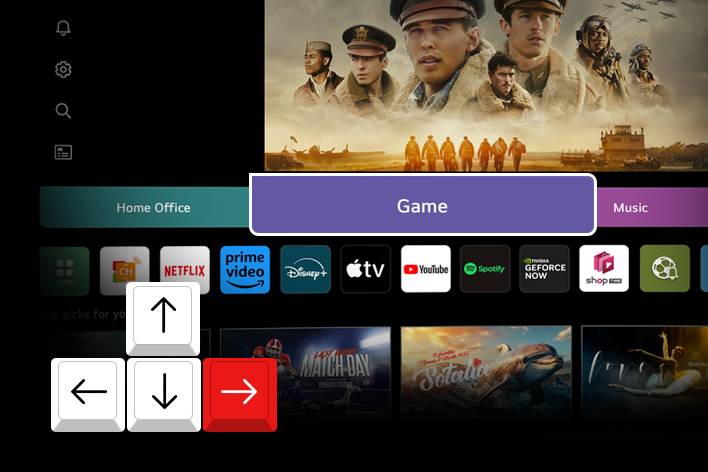 Une icône de clavier avec les touches fléchées est affichée sur l’écran webOS.	