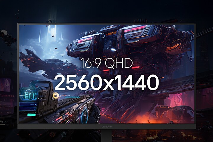 Gros plan du moniteur UltraGear™ 27G640A affichant une scène de jeu de science-fiction, mettant en avant sa résolution QHD 16:9 de 2560x1440.