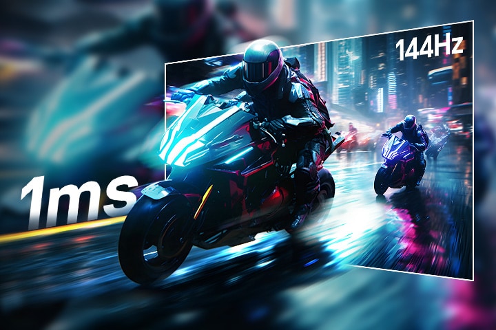 Scène de jeu de course illustrant une réponse extrêmement rapide de 1 ms (GtG) et un taux de rafraîchissement rapide de 144 Hz.