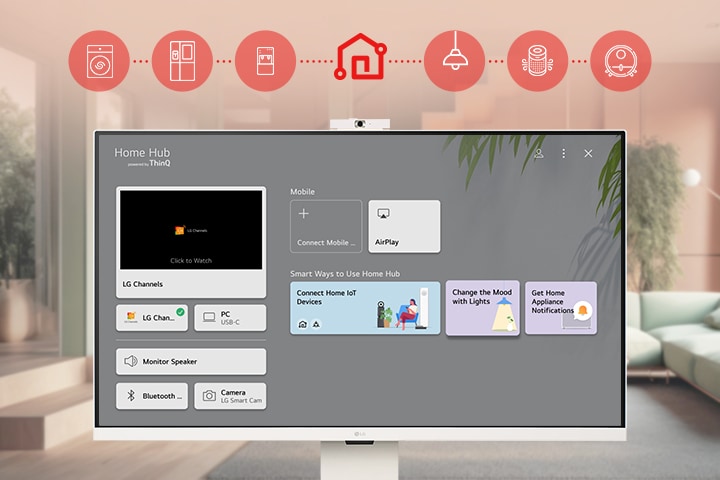 L’écran du LG Smart Monitor montre l’interface du tableau de bord d’accueil ThinQ.