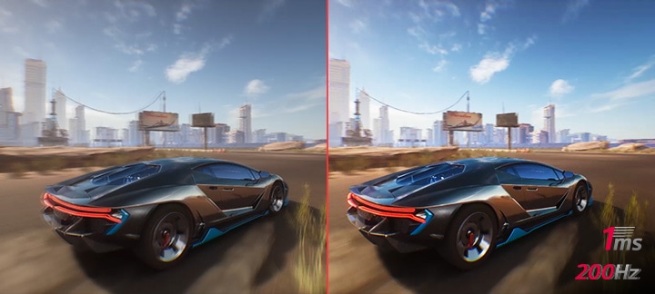 L’image montre deux animations comparées, soit une voiture roulant dans un jeu. Les deux images se ressemblent, mais la première, à laquelle le taux de rafraîchissement de 200 Hz n’est pas appliqué, est moins claire que l’autre.