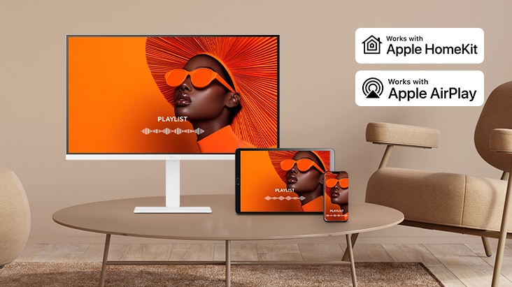 Le même écran est partagé simultanément sur un moniteur LG Smart, un ordinateur portable, une tablette et un smartphone via AirPlay 2 et Partage d’écran.