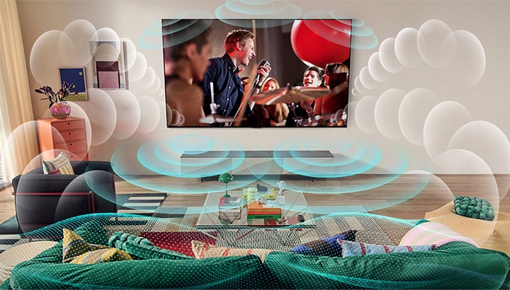 Image d’un téléviseur OLED de LG dans une pièce affichant un concert de musique. Des bulles représentant un son ambiophonique virtuel remplissent l’espace.