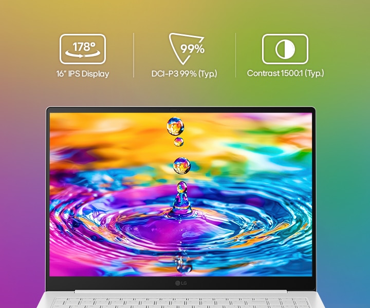 Le portable Gram Pro AI (16Z95U) est équipé d’un écran IPS de 16 pouces avec résolution WQXGA et 99% DCI-P3 pour des visuels vifs et nets