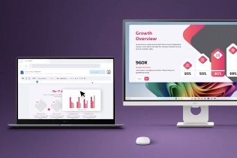 Cette image montre un portable connecté à un moniteur externe avec un espace de travail partagé, démontrant l’extension d’écran multi-appareils et le contrôle unifié à l’aide d’un seul clavier et d’une souris.