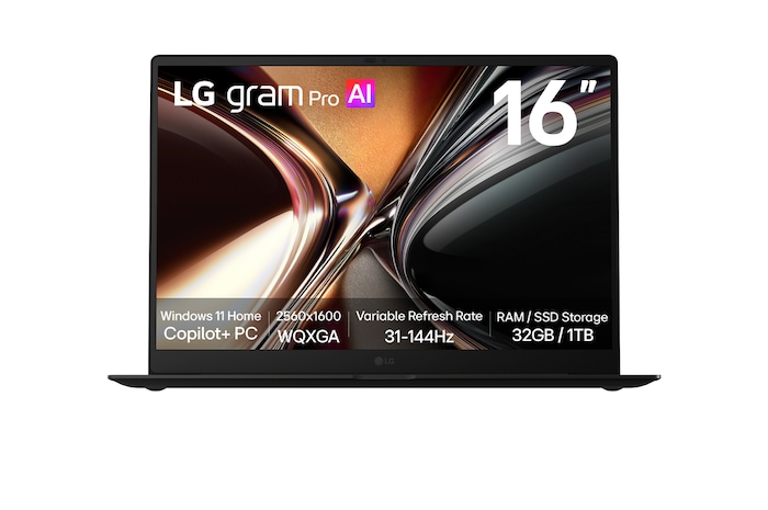 A front-facing view of the LG gram Pro AI laptop with a 16-inch display. The image highlights key specifications shown on the screen, including Windows 11 Home Copilot+ PC, a WQXGA display, a variable refresh rate of 31 to 144 Hz, and memory and storage configuration of 32 GB RAM and 1 TB SSD.