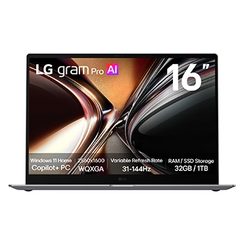 Vue avant de LG Gram Pro 16 pouces | <br>Copilot+ PC | Windows 11 Accueil <br>| Portable léger à double IA (1,1 kg) | AMD Ryzen AI, écran IPS 16Z95U-G