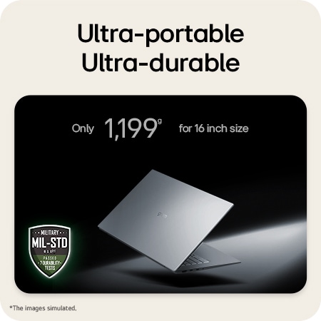 An LG gram Pro laptop displayed at an angled position on a dark background, emphasizing its lightweight 1,199 g body designed for a 16-inch size. A MIL-STD-810H badge is shown, indicating that the device has passed seven military-grade durability tests.