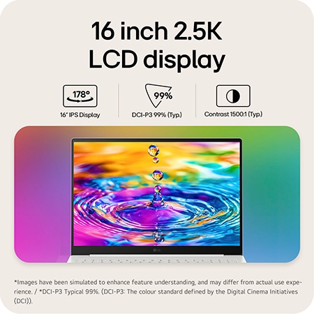 'A front view of the LG gram laptop display with a vivid, colorful liquid splash visual on the screen, set against a gradient background. Above the display, icons highlight key specifications including a 16 inch IPS display with 178° wide viewing angles, DCI-P3 99% (Typ.) color gamut, and 1500:1 (Typ.) contrast ratio. A VESA DisplayHDR True Black 1000 certification badge appears on the right, emphasizing high contrast and rich color performance.