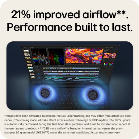 'A top-down angled view of an LG gram Pro laptop running professional video editing software. Blue airflow graphics emerge from dual cooling fans beneath the keyboard, visually representing enhanced thermal performance during high-performance tasks.
