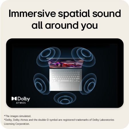A top-down view of an LG gram Pro aptop surrounded by circular sound wave graphics. The image visually represents immersive spatial audio, with Dolby Atmos branding shown on the lower corner of the scene.