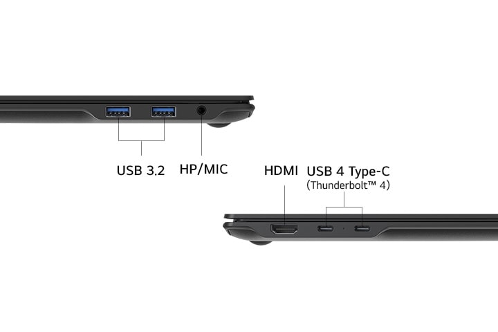 Vue latérale d’un ordinateur portable mettant en valeur ses ports, notamment USB 3.2, prise combo casque/micro (HP/MIC), HDMI et USB 4 Type-C (Thunderbolt™ 4). L’agencement épuré met en avant les options de connectivité polyvalentes.