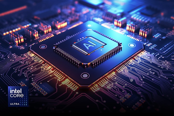 Gros plan sur un processeur Intel Core Ultra avec un symbole d'IA sur la puce, entouré de circuits lumineux, avec le logo Intel Core Ultra dans le coin.