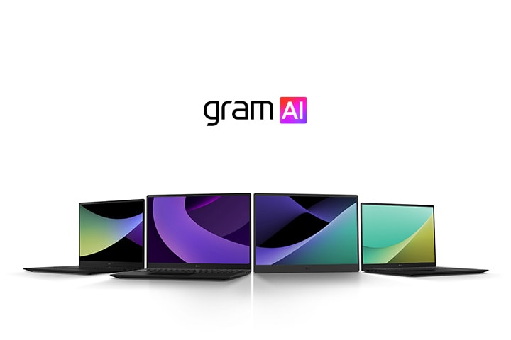 L'image présente un ordinateur portable LG Gram, mis en avant pour son design ultra-léger. À droite, le texte indique : « Delightfully light », avec le logo « gram AI » en dessous.