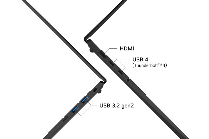 L’image met en avant les ports latéraux d’un ordinateur portable, notamment HDMI, USB 4 (Thunderbolt™ 4) et USB 3.2 Gen 2, illustrant ainsi la polyvalence des options de connectivité de l’appareil.