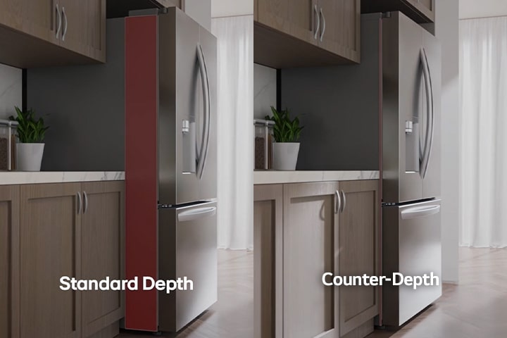 Réfrigérateur à congélateur inférieur LG en acier inoxydable, design à profondeur de comptoir dans une cuisine moderne.