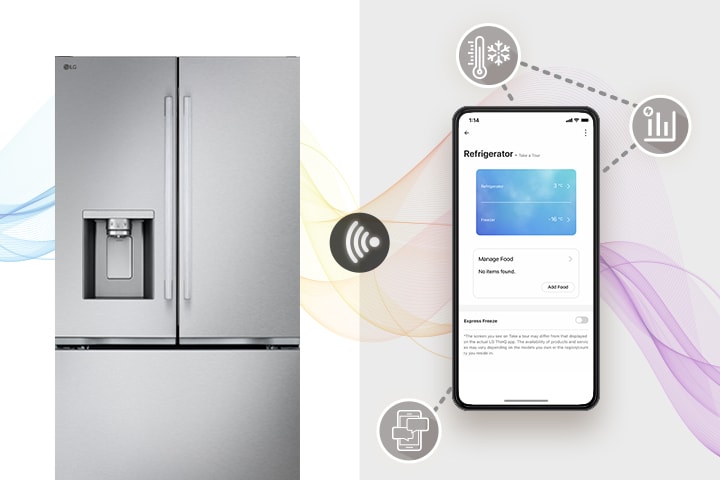 Réfrigérateur LG en acier inoxydable avec écran intelligent ThinQ affichant une interface de contrôle Wi-Fi.
