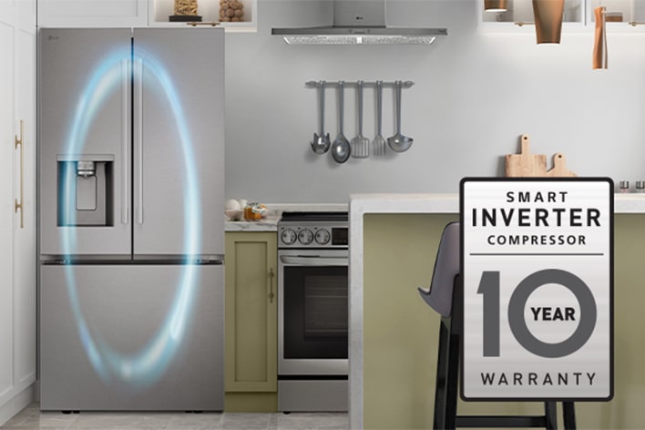 Gros plan sur un compresseur Smart Inverter argenté à l'intérieur d'un réfrigérateur LG.