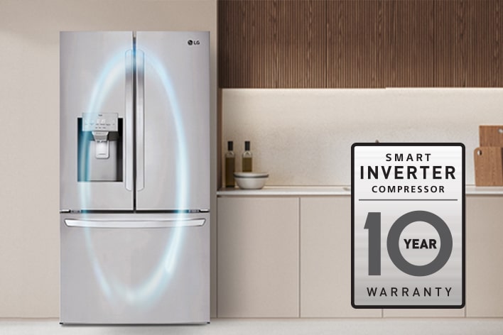 Gros plan sur le compresseur Smart Inverter noir à l'intérieur d'un réfrigérateur LG.
