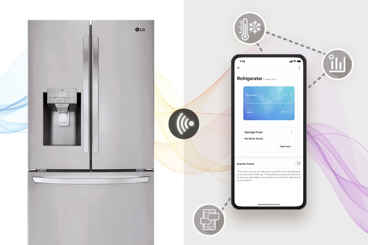 Réfrigérateur LG à deux portes en acier inoxydable avec écran intelligent affichant l'application ThinQ.