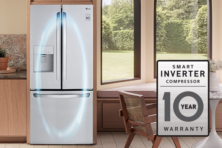Gros plan du compresseur Smart Inverter à l'intérieur d'un réfrigérateur LG en acier inoxydable.