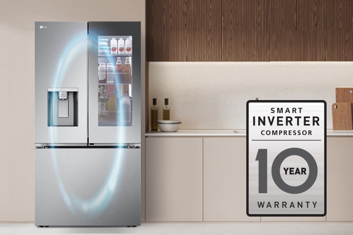 Gros plan d'un compresseur Smart Inverter LG argenté avec logo et détails techniques.