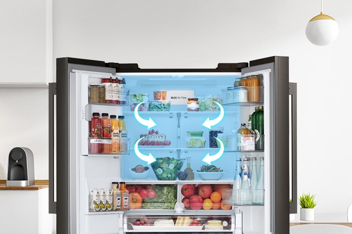 Intérieur d'un réfrigérateur ouvert avec système Multi Air Flow illustré par des flèches de circulation d'air bleu.