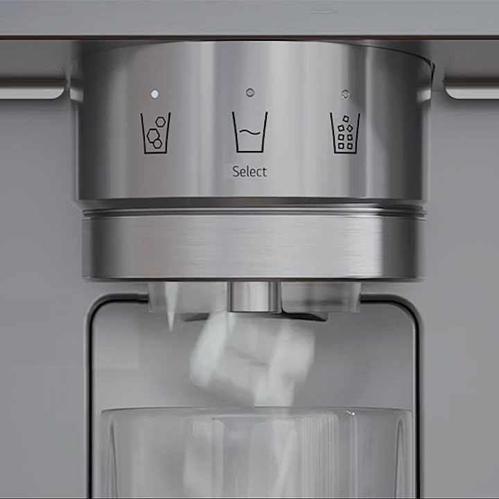 Distributeur de glaçons et de glace pilée en acier inoxydable avec icônes de sélection lumineuses.