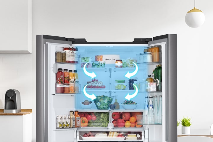 Intérieur d'un réfrigérateur ouvert avec flèches illustrant le système de circulation d'air Multi Air Flow.
