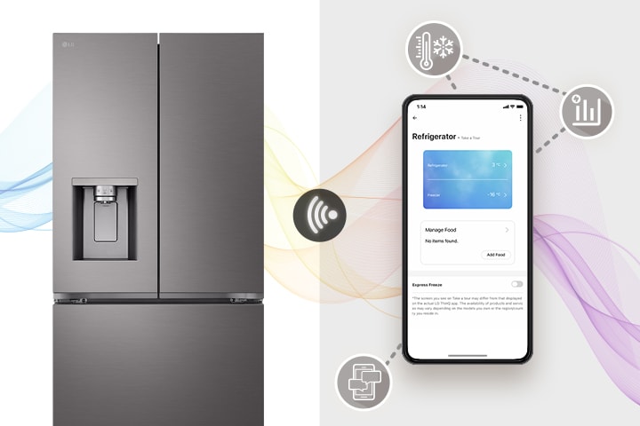Réfrigérateur LG gris avec distributeur d'eau, connecté à une application mobile affichant les réglages de température.