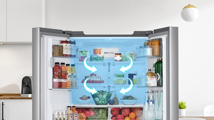 Intérieur d'un réfrigérateur ouvert avec flèches illustrant le système de circulation d'air Multi Air Flow.