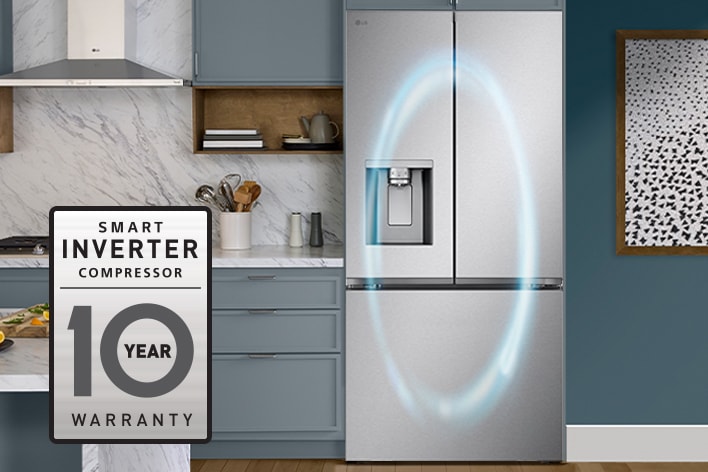 Réfrigérateur multi-portes en acier inoxydable avec distributeur d'eau et logo de garantie 10 ans.