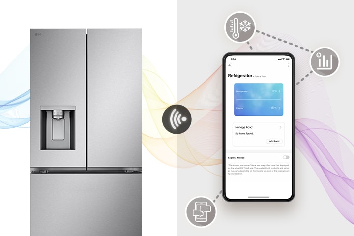 Réfrigérateur LG en acier inoxydable connecté à une application mobile affichant les réglages de température.
