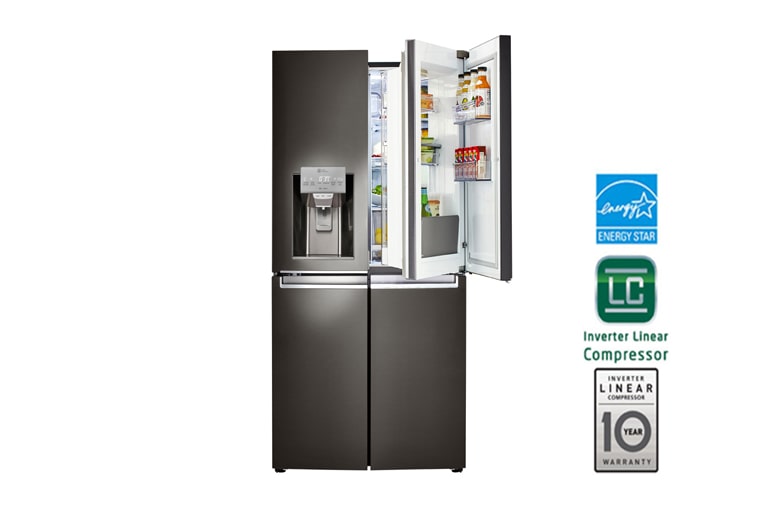 Vue avant de Réfrigérateur de 36 pouces en acier inoxydable noir avec porte à deux battants et porte dans la porte®, 30 pi³ LNXS30866D