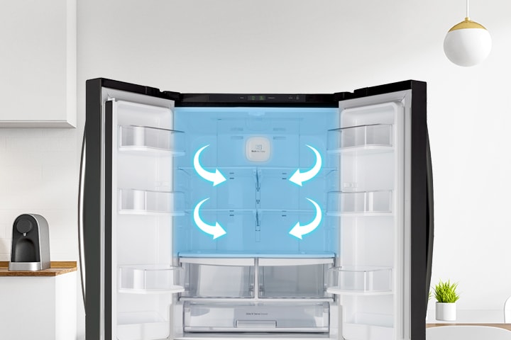 Intérieur d'un réfrigérateur ouvert montrant le système de circulation d'air Multi Air Flow avec des flèches blanches.