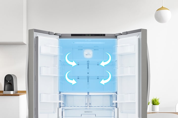 Réfrigérateur ouvert montrant le système Multi Air Flow avec des flèches blanches illustrant la circulation d'air.