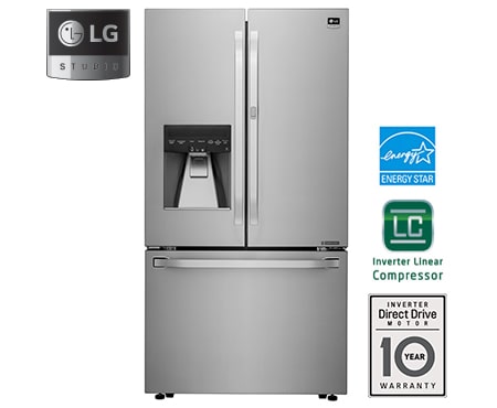 Vue avant de LG STUDIO- 23.5 cu.ft Réfrigérateur d’une grande capacité à profondeur de comptoir, doté de trois portes, dont une porte à deux battants, avec porte dans la porte MC  LSFXC2476S