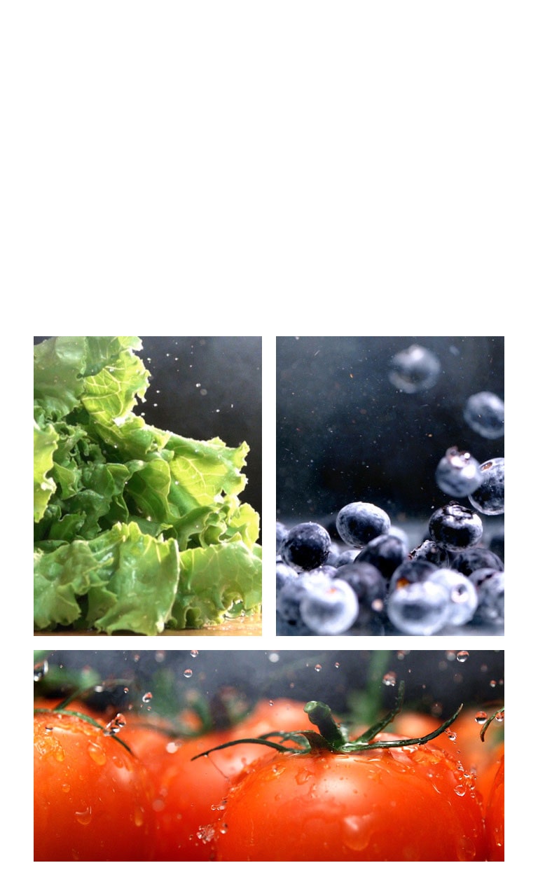 Une vidéo montrant un gros plan d’eau qui s’écoule par gouttes d’une laitue verte et croquante joue à côté d’une vidéo d’eau passant sur des tomates rouges fraîches, à côté d’une vidéo d’éclatants bleuets humides en mouvement.